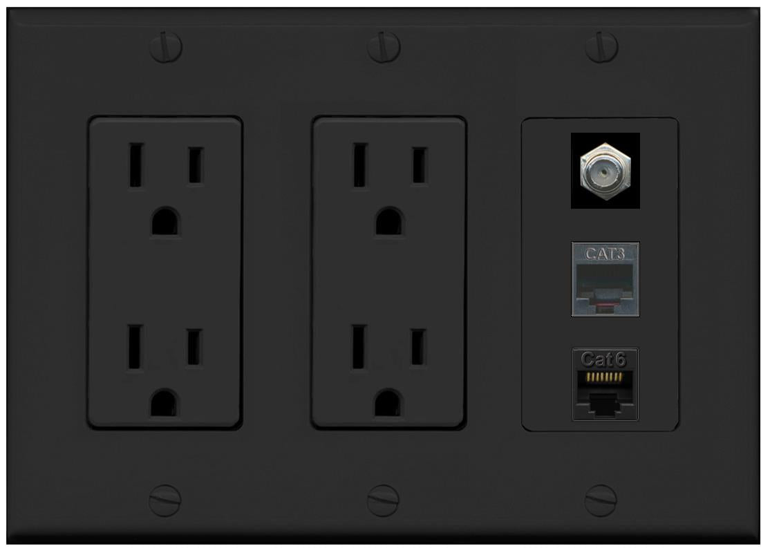 RiteAV 1 Port CAT6 Ethernet COAX PHONE Wall Plate - 2 Outlet [Black/Black]