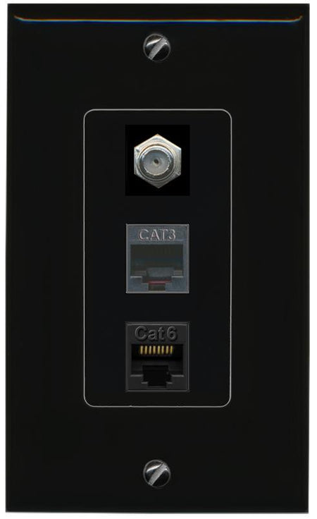 RiteAV 1 Port CAT6 Ethernet COAX PHONE Wall Plate - 1 Gang [Black/Black]