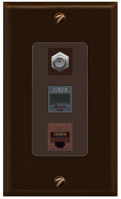 RiteAV 1 Port CAT6 Ethernet COAX PHONE Wall Plate - 1 Gang [Brown/Brown]