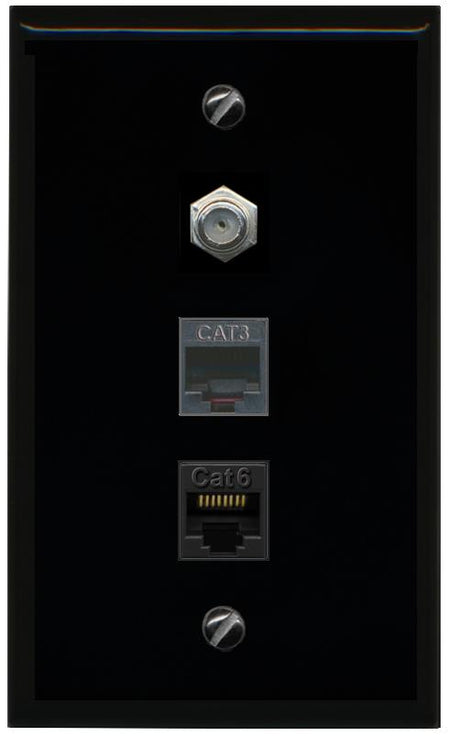 RiteAV 1 Port CAT6 Ethernet COAX PHONE Wall Plate - Flat [Black/Black]