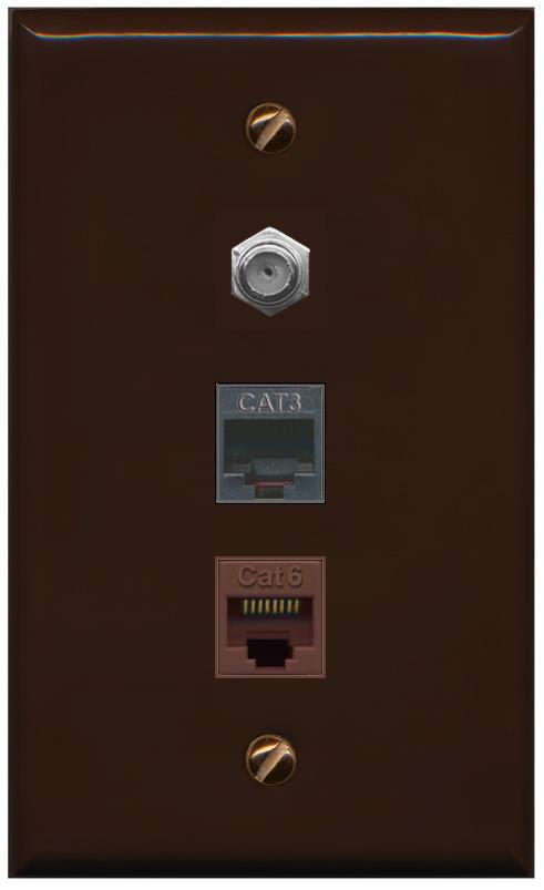 RiteAV 1 Port CAT6 Ethernet COAX PHONE Wall Plate - Flat [Brown/Brown]