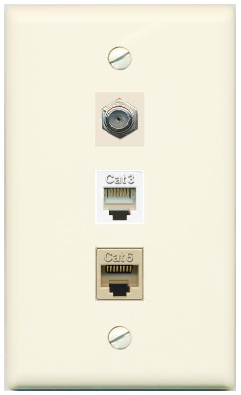 RiteAV 1 Port CAT6 Ethernet COAX PHONE Wall Plate - Flat [Light-Almond]
