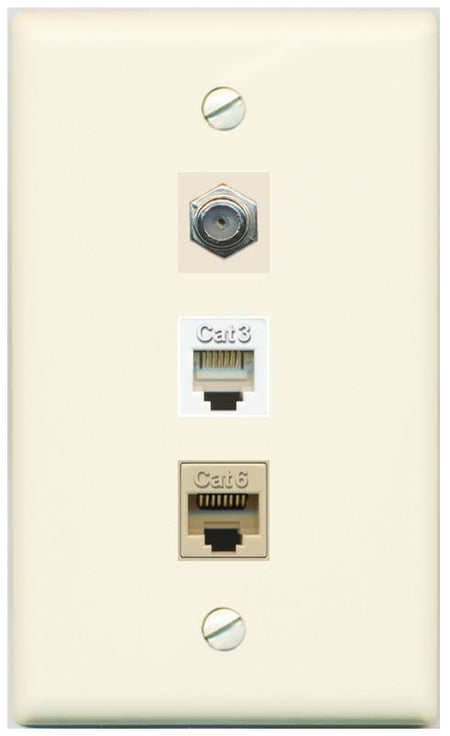 RiteAV 1 Port CAT6 Ethernet COAX PHONE Wall Plate - Flat [Light-Almond]