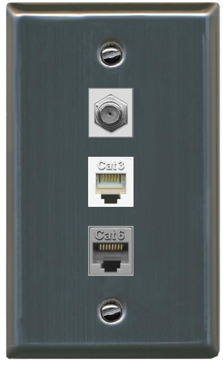 RiteAV 1 Port CAT6 Ethernet COAX PHONE Wall Plate - Flat [Stainless Steel]