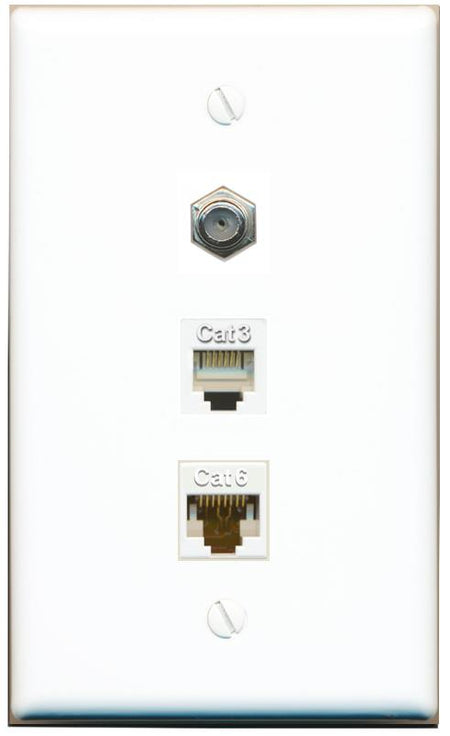 RiteAV 1 Port CAT6 Ethernet COAX PHONE Wall Plate - Flat [White]