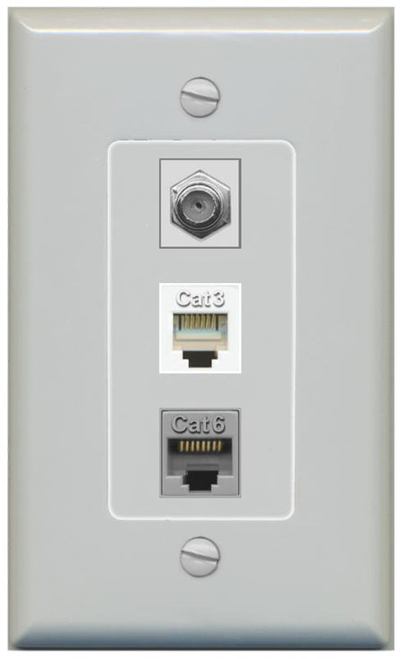 RiteAV 1 Port CAT6 Ethernet COAX PHONE Wall Plate - 1 Gang [Gray/Gray]