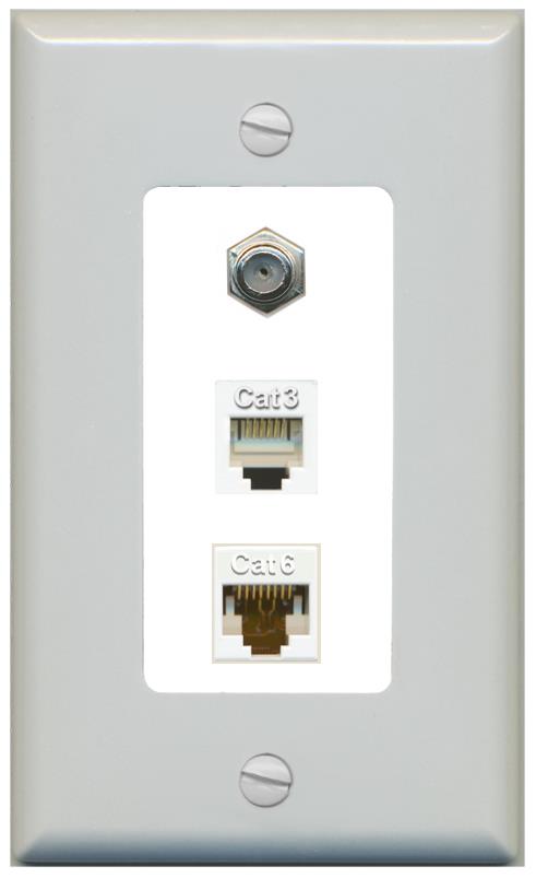 RiteAV 1 Port CAT6 Ethernet COAX PHONE Wall Plate - 1 Gang [Gray/White]