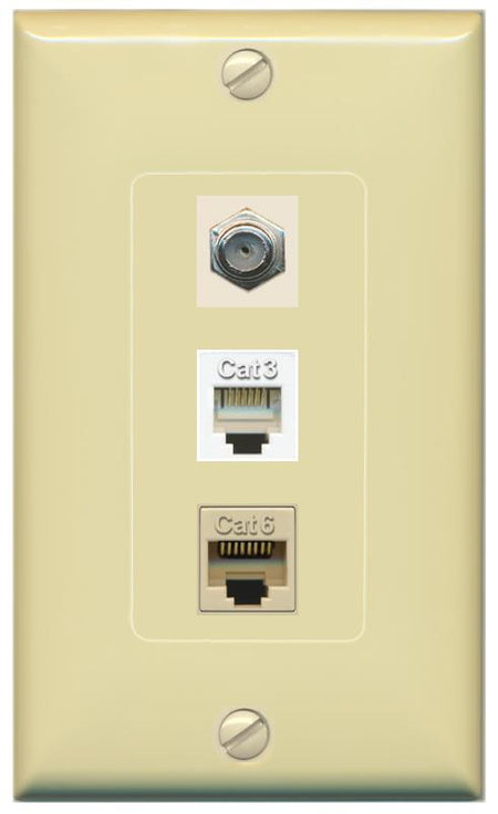 RiteAV 1 Port CAT6 Ethernet COAX PHONE Wall Plate - 1 Gang [Ivory/Ivory]