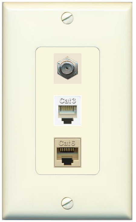 RiteAV 1 Port CAT6 Ethernet COAX PHONE Wall Plate - 1 Gang [Light-Almond]