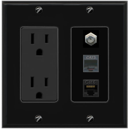 RiteAV 1 Port CAT6 Ethernet COAX PHONE Wall Plate - Outlet [Black/Black]