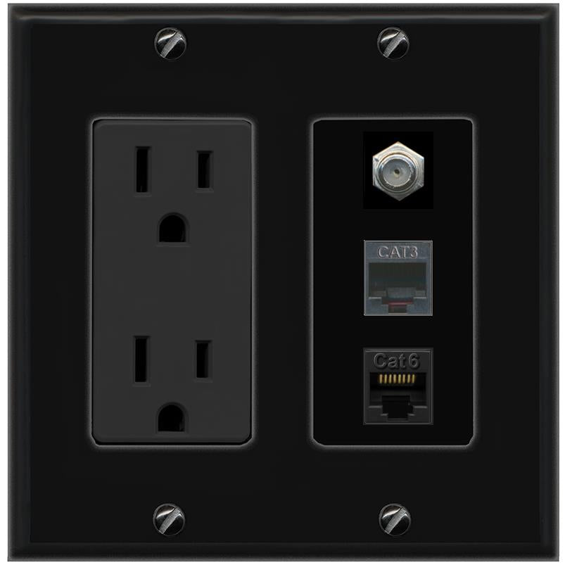 RiteAV 1 Port CAT6 Ethernet COAX PHONE Wall Plate - Outlet [Black/Black]