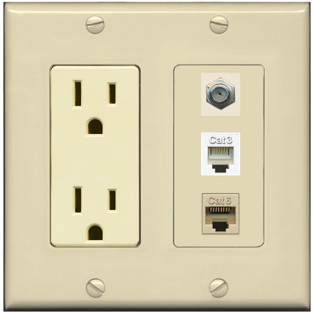 RiteAV 1 Port CAT6 Ethernet COAX PHONE Wall Plate - Outlet [Ivory/Ivory]