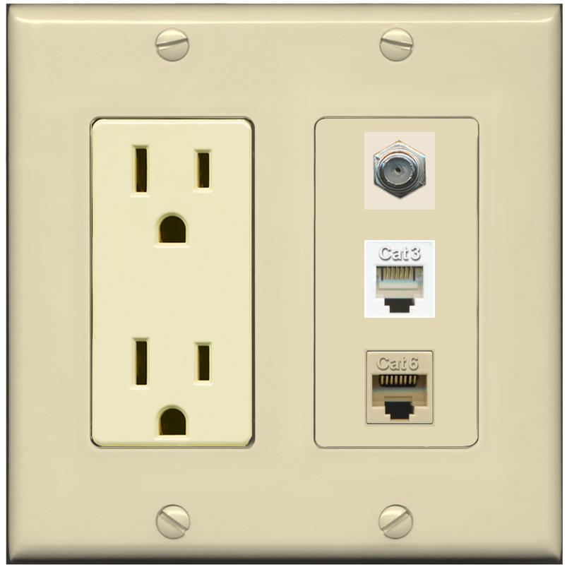 RiteAV 1 Port CAT6 Ethernet COAX PHONE Wall Plate - Outlet [Ivory/Ivory]