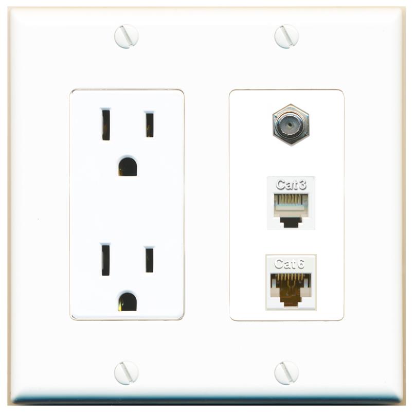 RiteAV 1 Port CAT6 Ethernet COAX PHONE Wall Plate - Outlet [White]
