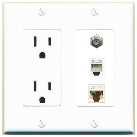 RiteAV 1 Port CAT6 Ethernet COAX PHONE Wall Plate - Outlet [White]