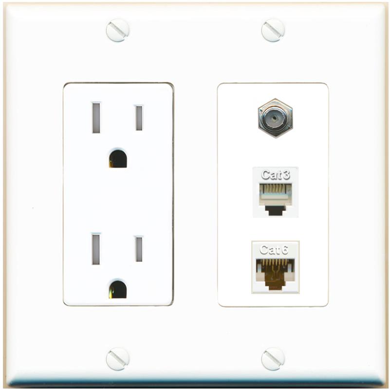 RiteAV 1 Port CAT6 Ethernet COAX PHONE Wall Plate - Tamper-Res [White]