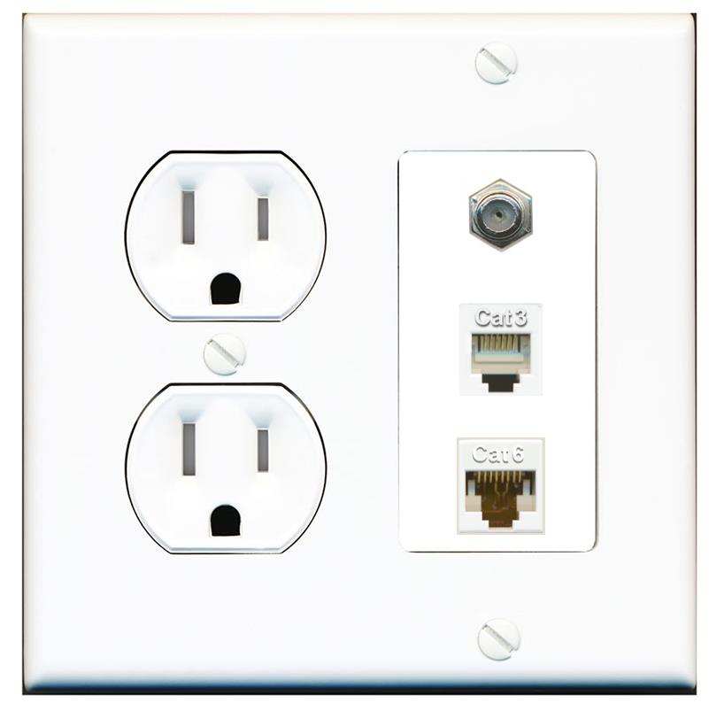 RiteAV 1 Port CAT6 Ethernet COAX PHONE Wall Plate - Tamper Proof [White]