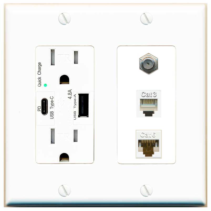 RiteAV 1 Port CAT6 Ethernet COAX PHONE Wall Plate - USB AC Charger [White]