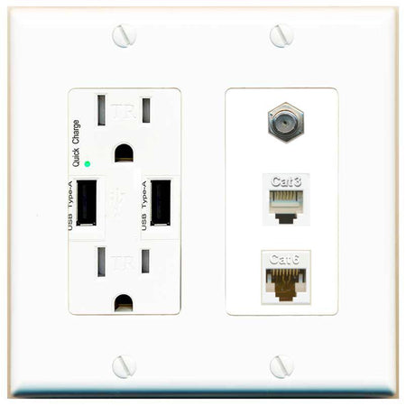 RiteAV 1 Port CAT6 Ethernet COAX PHONE Wall Plate - USB Charger [White]