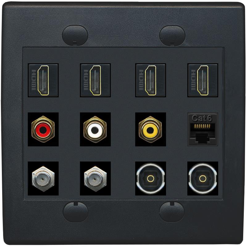 RiteAV 4 HDMI 3 x RCA 2 Coaxial 1 Ethernet CAT6 and 2 Toslink Wall Plate - Flat 2 Gang [Black/Black]