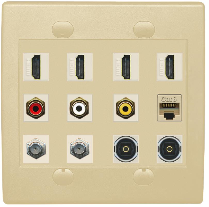 RiteAV 4 HDMI 3 x RCA 2 Coaxial 1 Ethernet CAT6 and 2 Toslink Wall Plate - Flat 2 Gang [Ivory/Ivory]