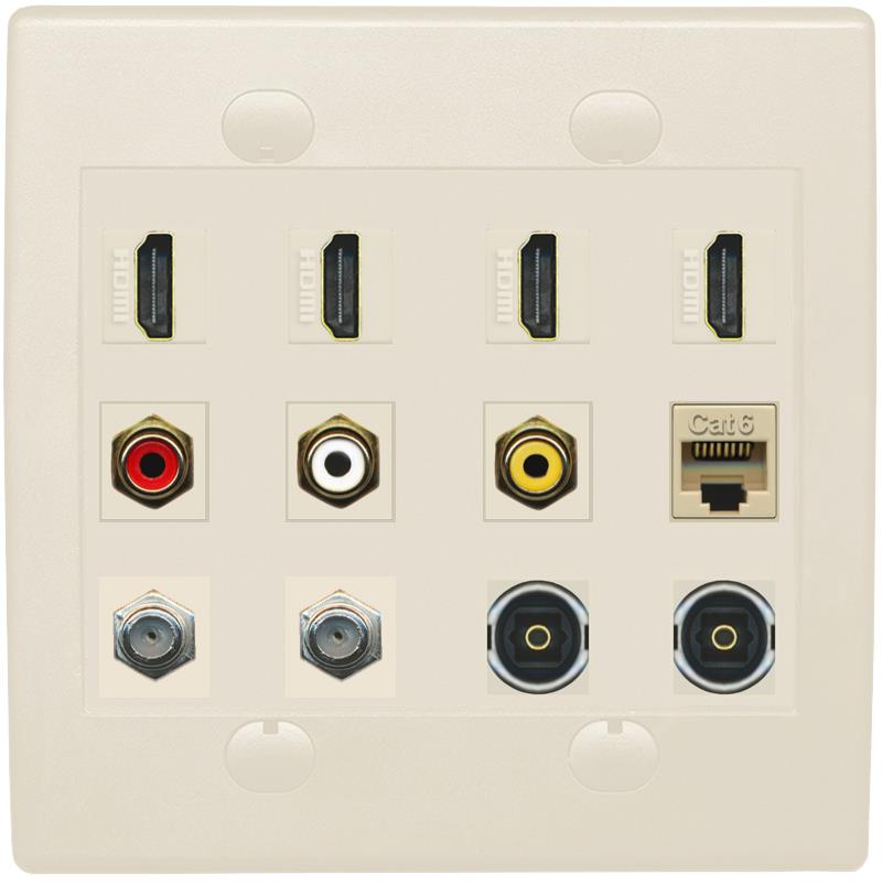 RiteAV 4 HDMI 3 x RCA 2 Coaxial 1 Ethernet CAT6 and 2 Toslink Wall Plate - Flat 2 Gang [Light Almond]