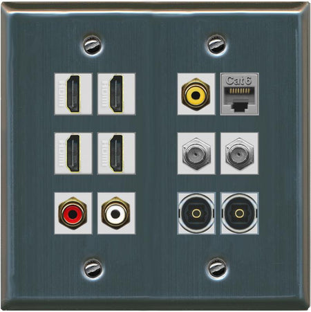 RiteAV 4 HDMI 3 x RCA 2 Coaxial 1 Ethernet CAT6 and 2 Toslink Wall Plate - Flat 2 Gang [Stainless Steel]