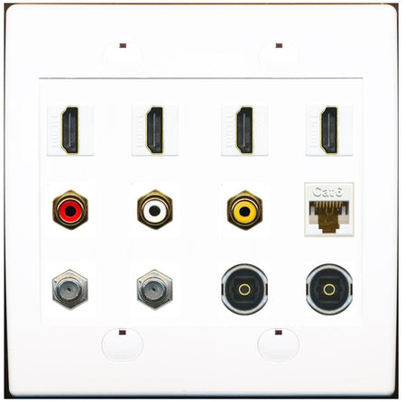 RiteAV 4 HDMI 3 x RCA 2 Coaxial 1 Ethernet CAT6 and 2 Toslink Wall Plate - Flat 2 Gang [White]