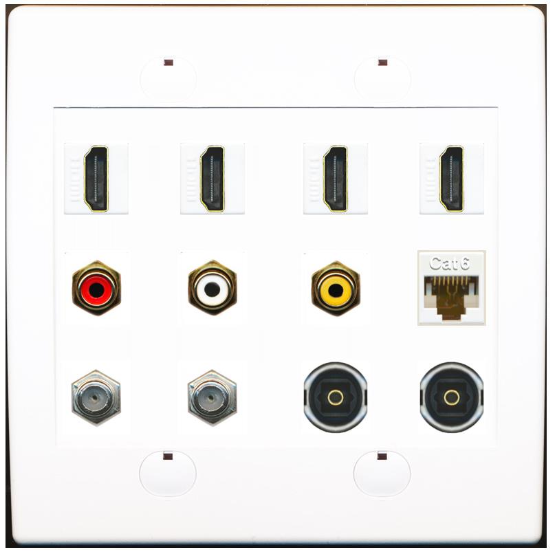 RiteAV 4 HDMI 3 x RCA 2 Coaxial 1 Ethernet CAT6 and 2 Toslink Wall Plate - Flat 2 Gang [White]