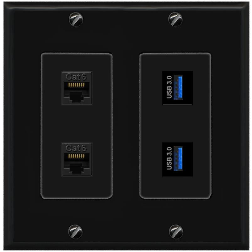 RiteAV 2 Port Cat6 2 USB3 Wall Plate - 2 Gang [Black/Black]