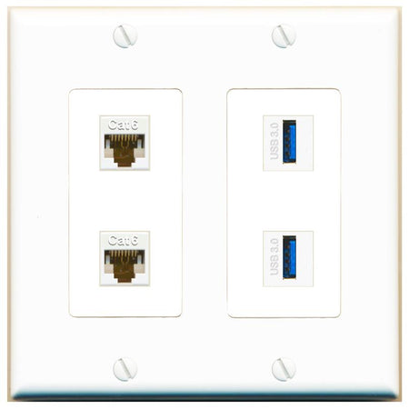RiteAV 2 Port Cat6 2 USB3 Wall Plate - 2 Gang [White]
