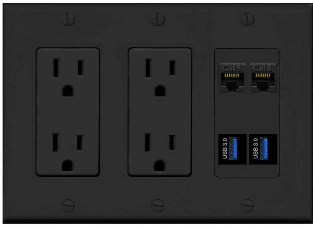 RiteAV 2 Port Cat6 2 USB3 Wall Plate - 2 Outlet [Black/Black]