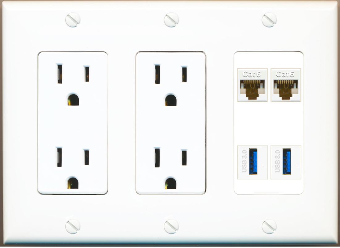 RiteAV 2 Port Cat6 2 USB3 Wall Plate - 2 Outlet [White]