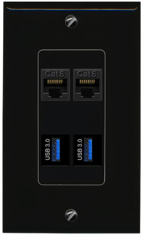 RiteAV 2 Port Cat6 2 USB3 Wall Plate - 1 Gang [Black/Black]