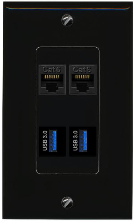RiteAV 2 Port Cat6 2 USB3 Wall Plate - 1 Gang [Black/Black]