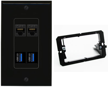 RiteAV 2 Port Cat6 2 USB3 Wall Plate - Bracket [Black/Black]