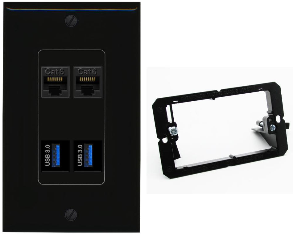RiteAV 2 Port Cat6 2 USB3 Wall Plate - Bracket [Black/Black]