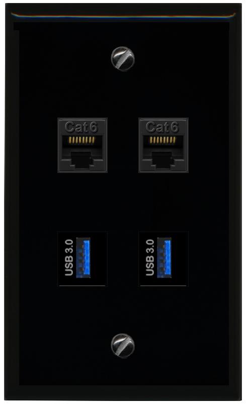 RiteAV 2 Port Cat6 2 USB3 Wall Plate - Flat [Black/Black]