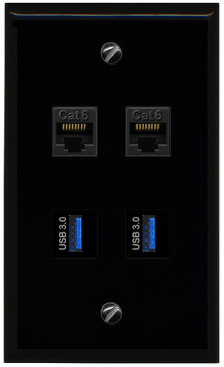 RiteAV 2 Port Cat6 2 USB3 Wall Plate - Flat [Black/Black]