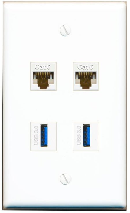 RiteAV 2 Port Cat6 2 USB3 Wall Plate - Flat [White]