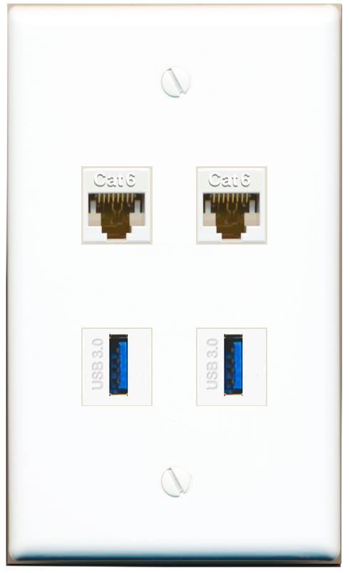 RiteAV 2 Port Cat6 2 USB3 Wall Plate - Flat [White]