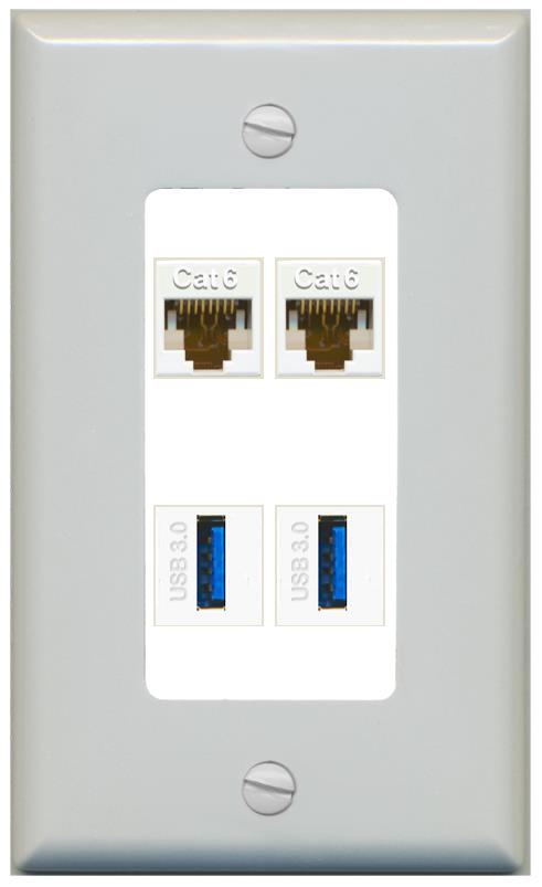 RiteAV 2 Port Cat6 2 USB3 Wall Plate - 1 Gang [Gray/White]