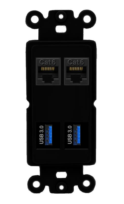 RiteAV 2 Port Cat6 2 USB3 Wall Plate - Rocker [Black/Black]