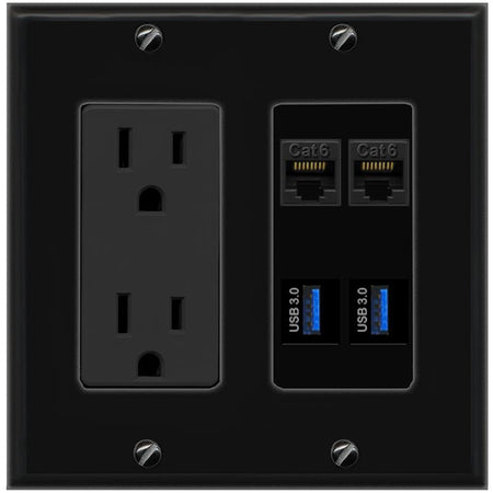 RiteAV 2 Port Cat6 2 USB3 Wall Plate - Outlet [Black/Black]