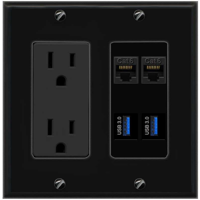 RiteAV 2 Port Cat6 2 USB3 Wall Plate - Outlet [Black/Black]