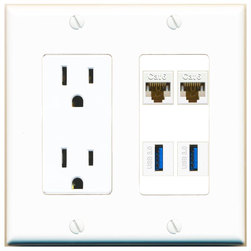 RiteAV 2 Port Cat6 2 USB3 Wall Plate - Outlet [White]