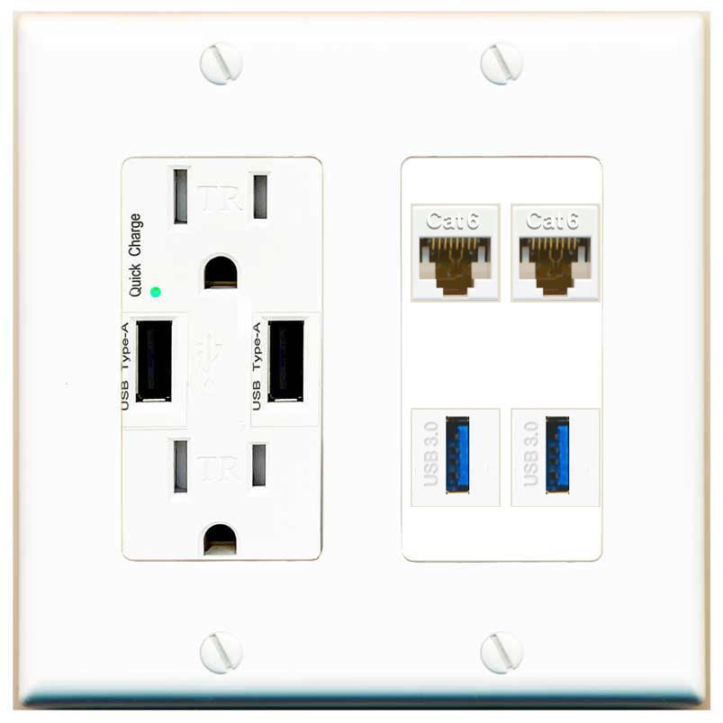 RiteAV 2 Port Cat6 2 USB3 Wall Plate - USB Charger [White]
