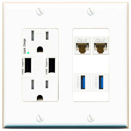 RiteAV 2 Port Cat6 2 USB3 Wall Plate - USB Charger [White]