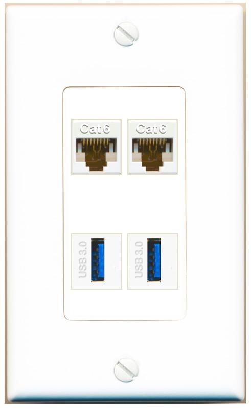 RiteAV 2 Port Cat6 2 USB3 Wall Plate - 1 Gang [White]