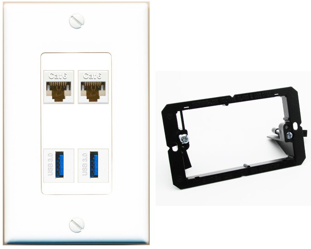 RiteAV 2 Port Cat6 2 USB3 Wall Plate - Bracket [White]
